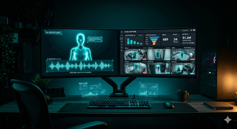 AI assistant workstation with security camera dashboard