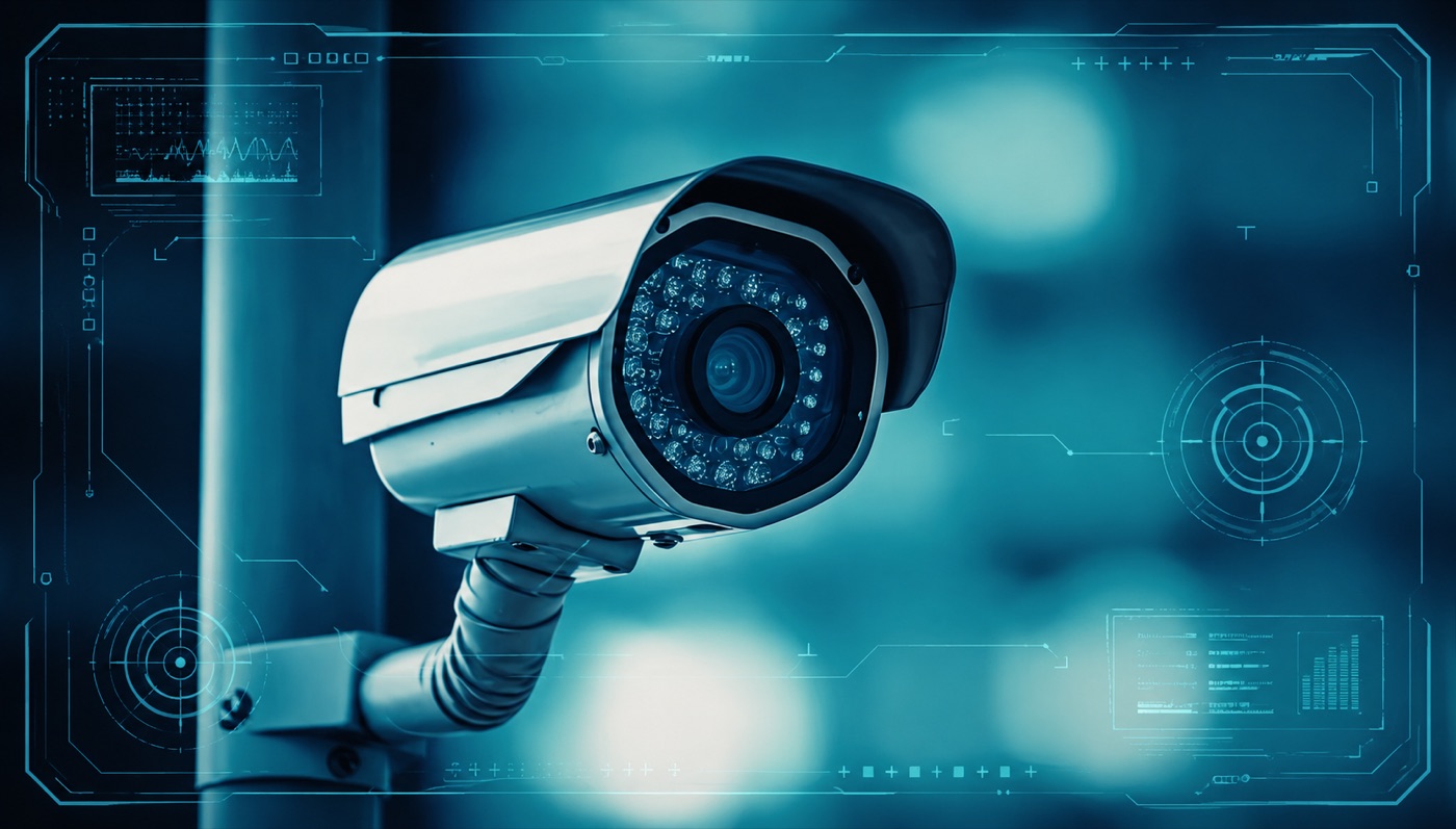 Security camera monitoring a production floor