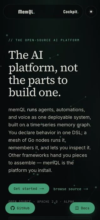 The memql.io homepage: “The AI platform, not the parts to build one.”