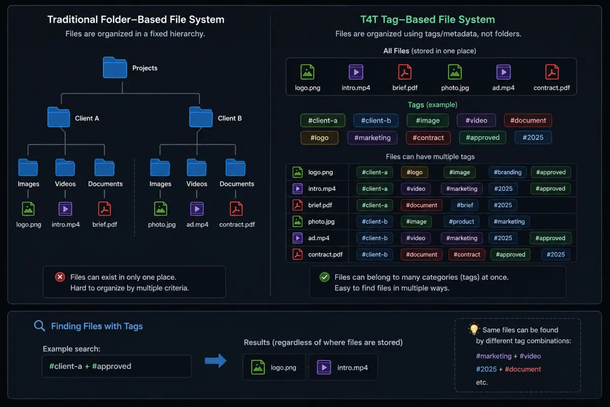 A diagram contrasting a folder tree with the same files organised by tags